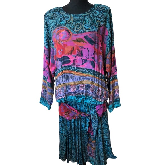 VTG Carole Little Vibrant Print Blouson Drop Waist Dress - Picture 2 of 15